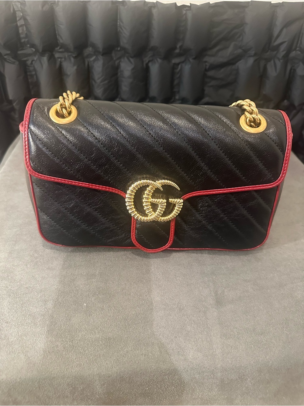 Gucci Marmont Limited Edition Black Leather Bag with Red Trim and Gold Hardware